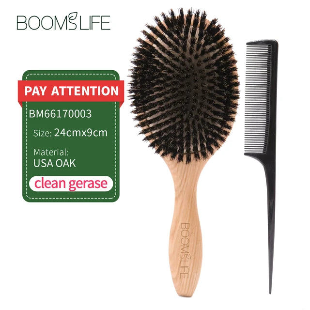 BOOMSLIFE-Brosse à cheveux en poils de sanglier pour femme, peigne pour cheveux, manche en bois, lisseur d'angle, accessoires de barbier