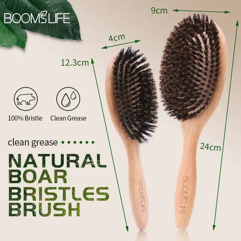 BOOMSLIFE-Brosse à cheveux en poils de sanglier pour femme, peigne pour cheveux, manche en bois, lisseur d'angle, accessoires de barbier