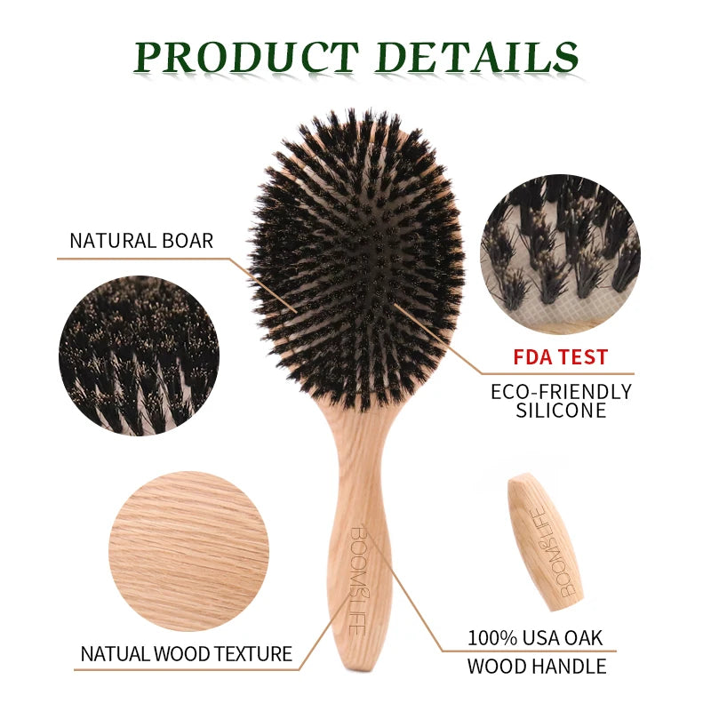 BOOMSLIFE-Brosse à cheveux en poils de sanglier pour femme, peigne pour cheveux, manche en bois, lisseur d'angle, accessoires de barbier