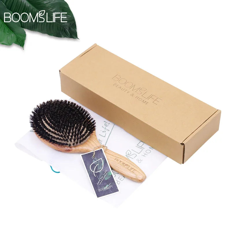 BOOMSLIFE-Brosse à cheveux en poils de sanglier pour femme, peigne pour cheveux, manche en bois, lisseur d'angle, accessoires de barbier