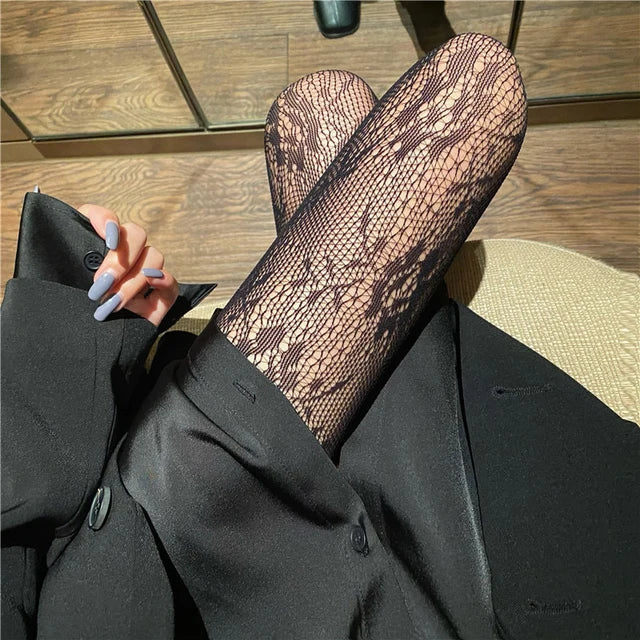 Bas résille creux sexy pour femmes, collants, collants, dentelle, crochet, fleur, noir, rétro, luxe