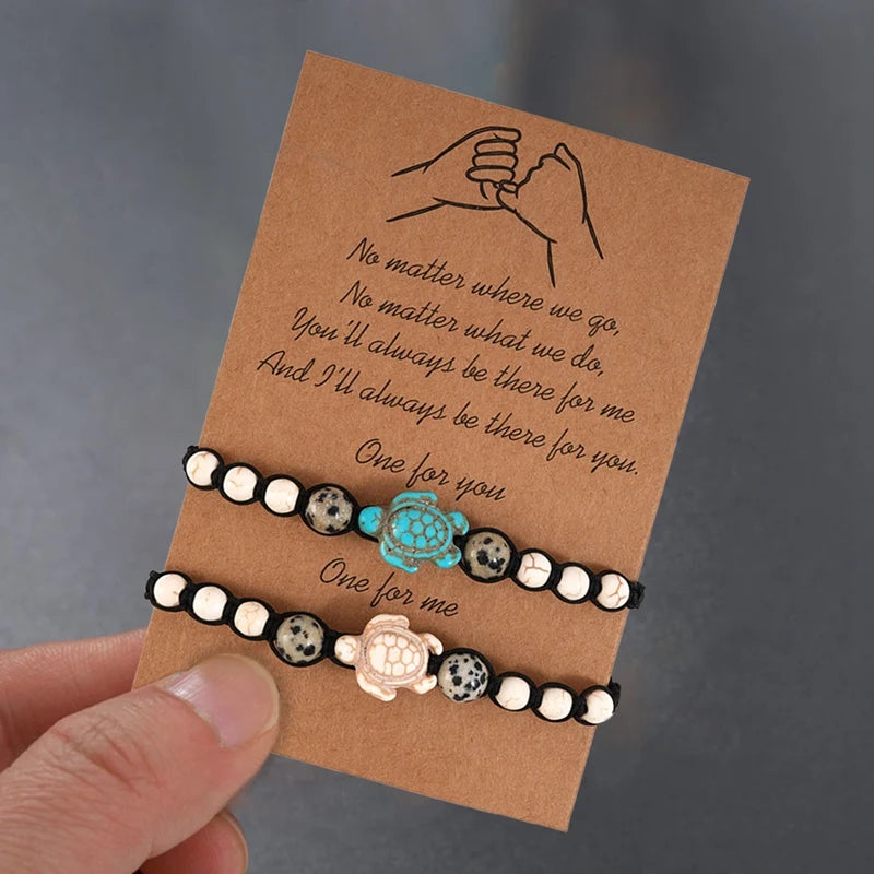 Bracelet Tressé à la Main en Pierre Naturelle pour Homme et Femme, Carte Vintage, Perles de Tortue de Mer, Bijoux de Plage, 2 Pièces