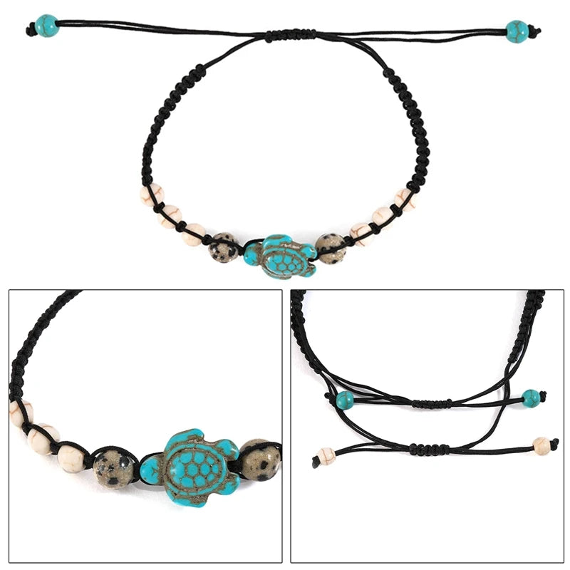 Bracelet Tressé à la Main en Pierre Naturelle pour Homme et Femme, Carte Vintage, Perles de Tortue de Mer, Bijoux de Plage, 2 Pièces