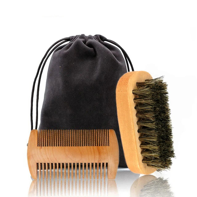 Ensemble de brosse et peigne à barbe en bois avec Logo personnalisé pour homme, outil de soins de la moustache, poils naturels de sanglier pour peigner la barbe, cadeau