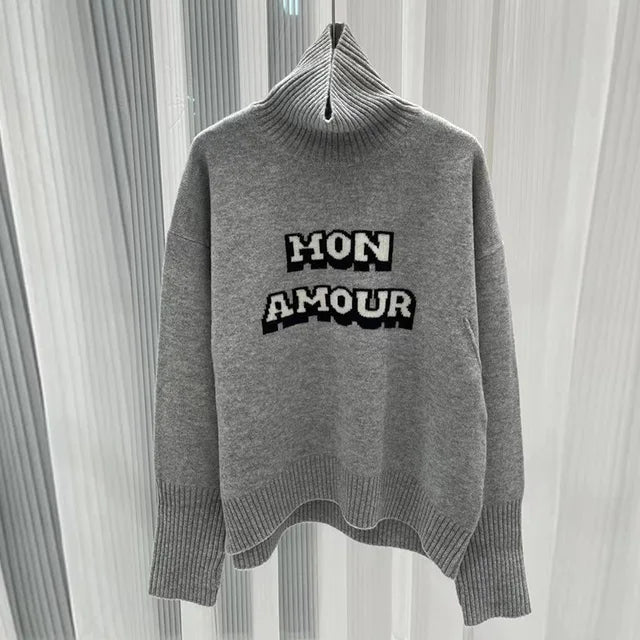 Pull mi-long à col roulé pour femme, impression de lettres, vêtements d'extérieur, automne et hiver, nouveau